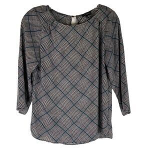The Limited Top Womens Black White Teal Houndstooth Plaid 3/4 Sleeves Small